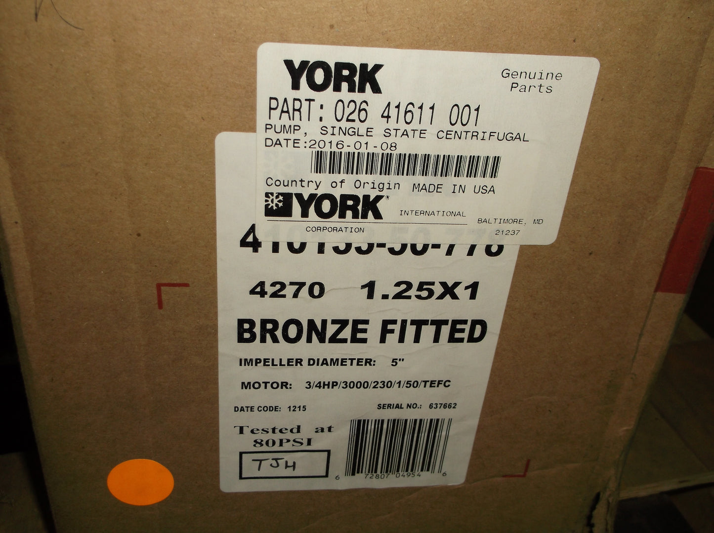 3/4HP YORK SINGLE STATE CENTRIFUGAL PUMP 120-240/50/1 RPM:2850
