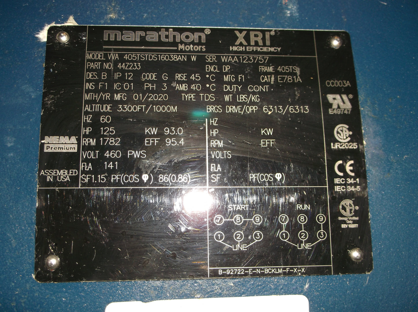 125HP GENERAL PURPOSE NEMA PREMIUM XRI EFFICIENT INVERTER RATED MOTOR 460/60/3 RPM:1782/1-SPEED