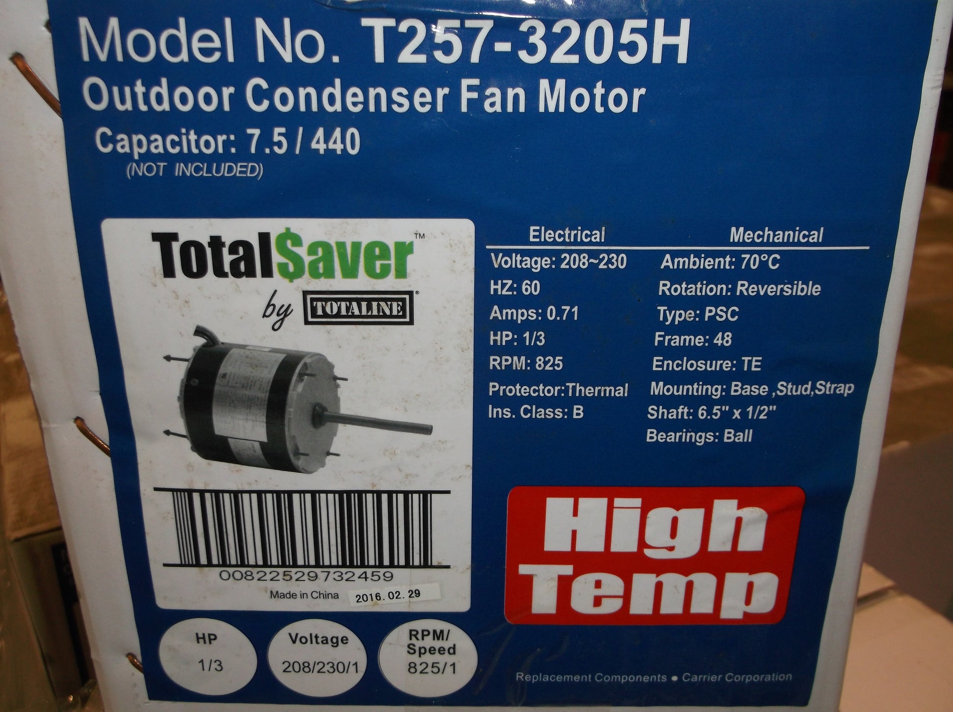 1/3HP CONDENSER FAN MOTOR HIGH TEMP 208-230/60/1   RPM:825/1-SPEED