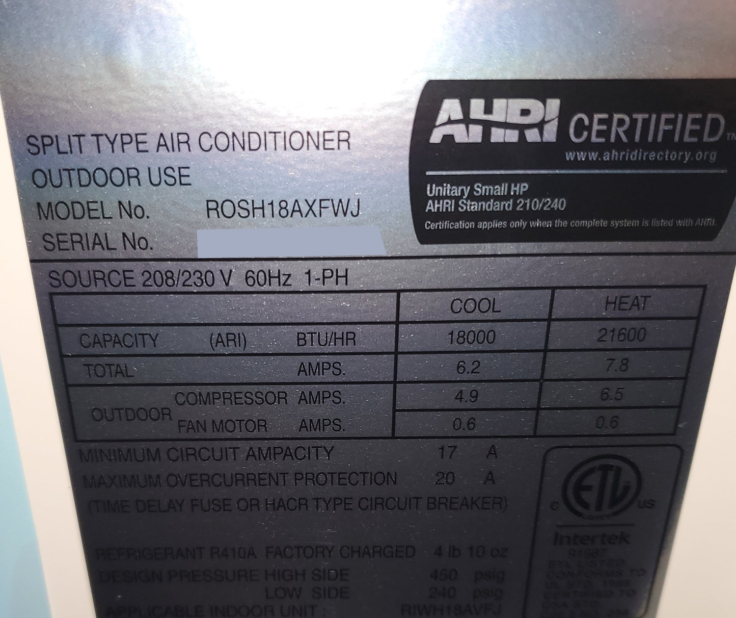 18,000 BTU "CLASSIC PLUS" SERIES SINGLE-ZONE INVERTER OUTDOOR MINI-SPLIT HEAT PUMP UNIT, 208-230/60/1 R-410A 22 SEER