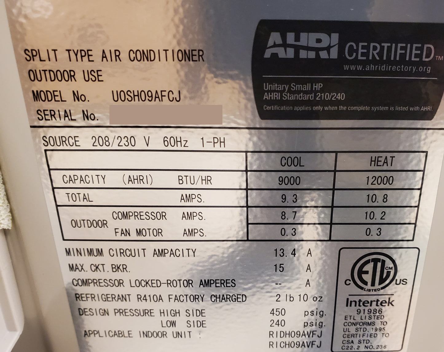 9,000 BTU SINGLE-ZONE INVERTER OUTDOOR MINI-SPLIT HEAT PUMP UNIT, 208-230/60/1 R-410A 24 SEER