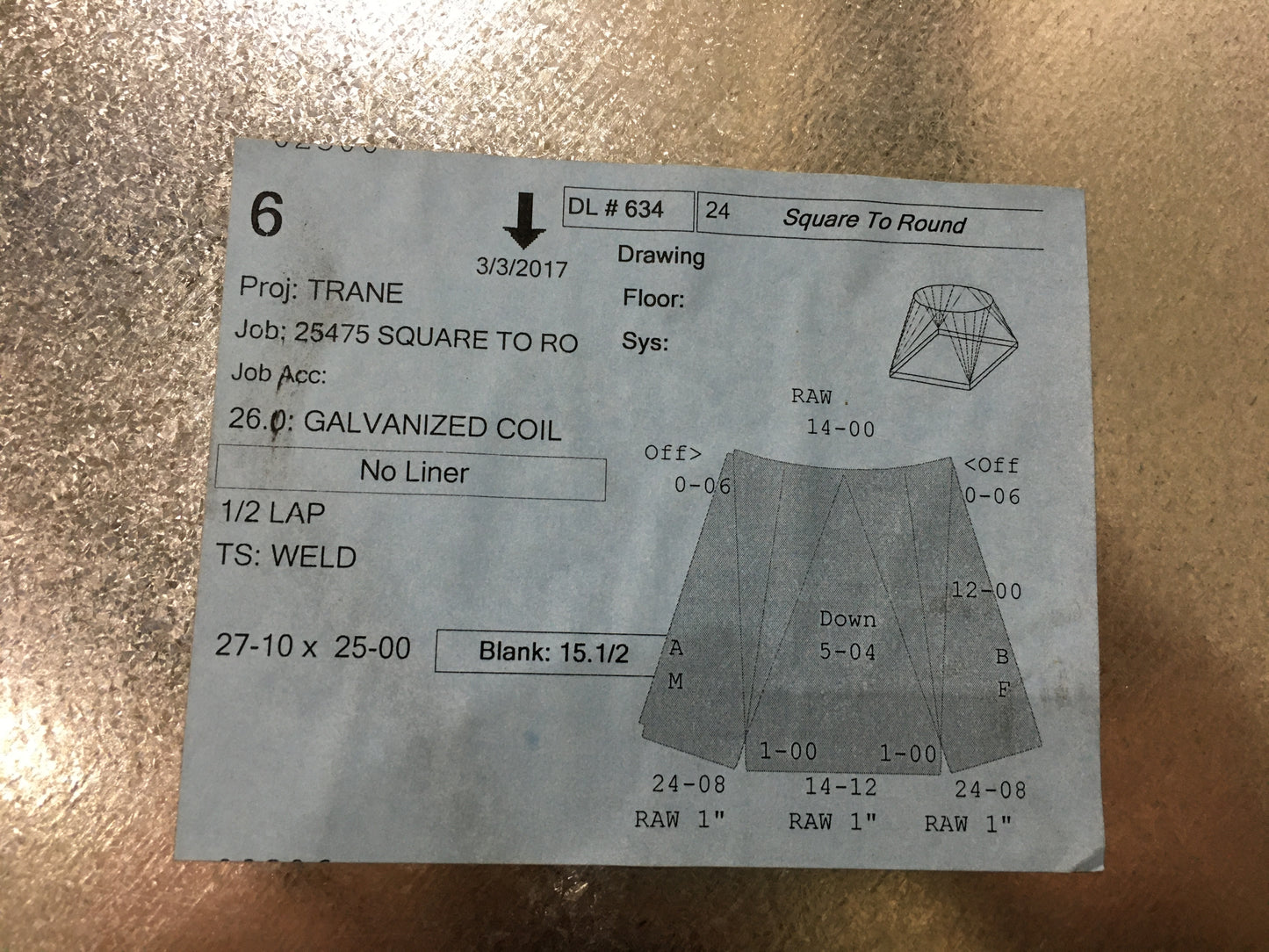 SQUARE TO ROUND DUCT ADAPTER 14 3/4"X24" SQAURE TO 14" ROUND
