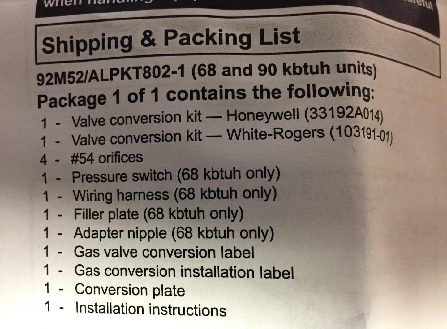 NATURAL GAS TO PROPANE CONVERSION KIT