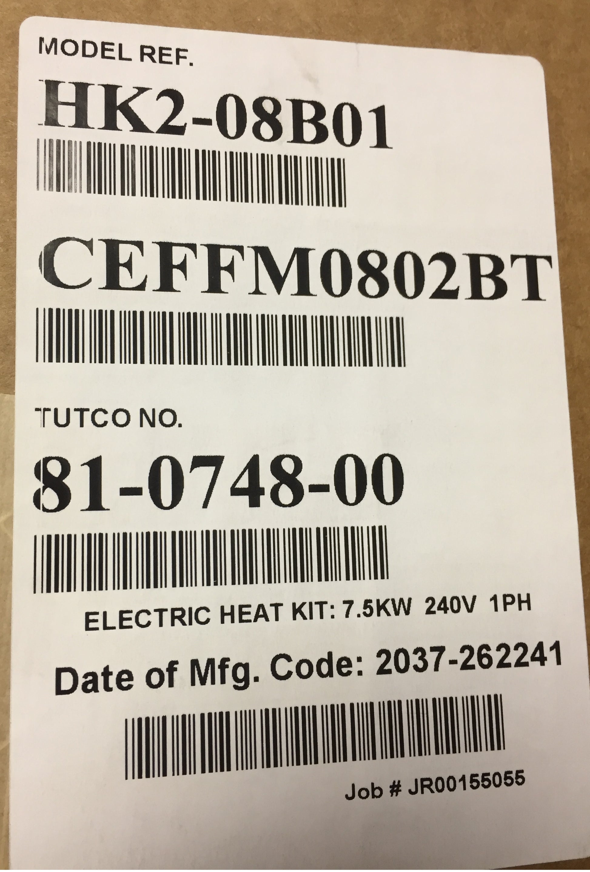 7.5 KW ELECTRIC HEAT KIT 240V/60/1