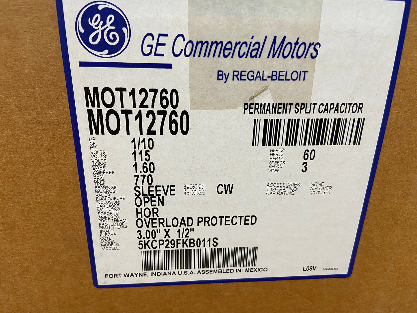 1/10 HP BLOWER MOTOR 115/60/1 770 RPM 1 SPEED