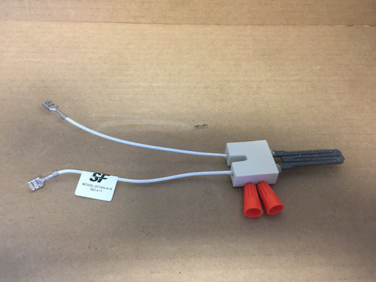 120 VOLT SILICON CARBIDE HOT SURFACE IGNITER, 1.25 INCH INSULATOR WITH RIB ON LEFT SIDE AND 5.69 INCHES LEAD WIRE WITH 1/4 INCH FEMALE SPADE TERMINALS