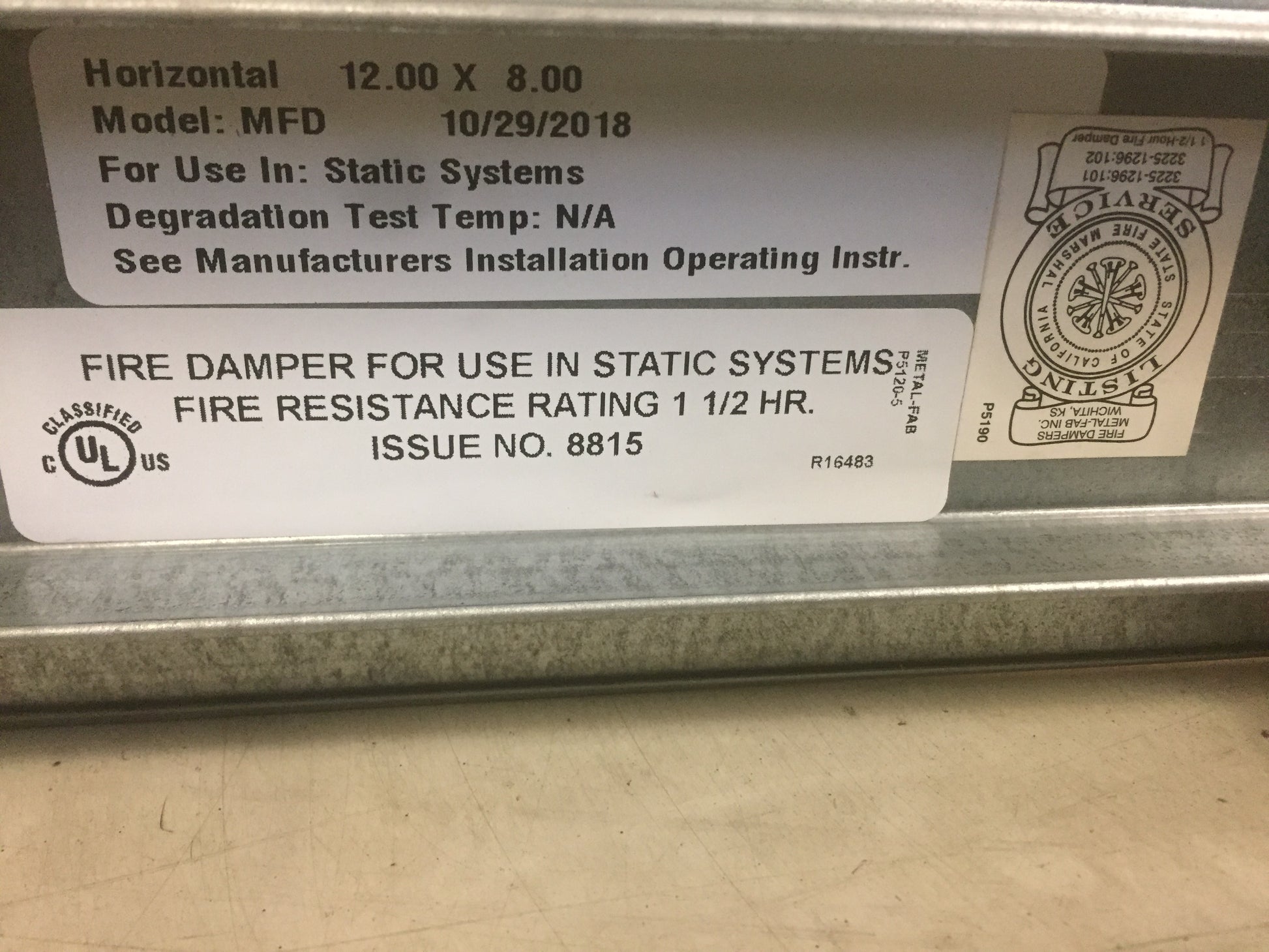 1 1/2 HOUR FIRE DAMPER FOR STATIC SYSTEMS