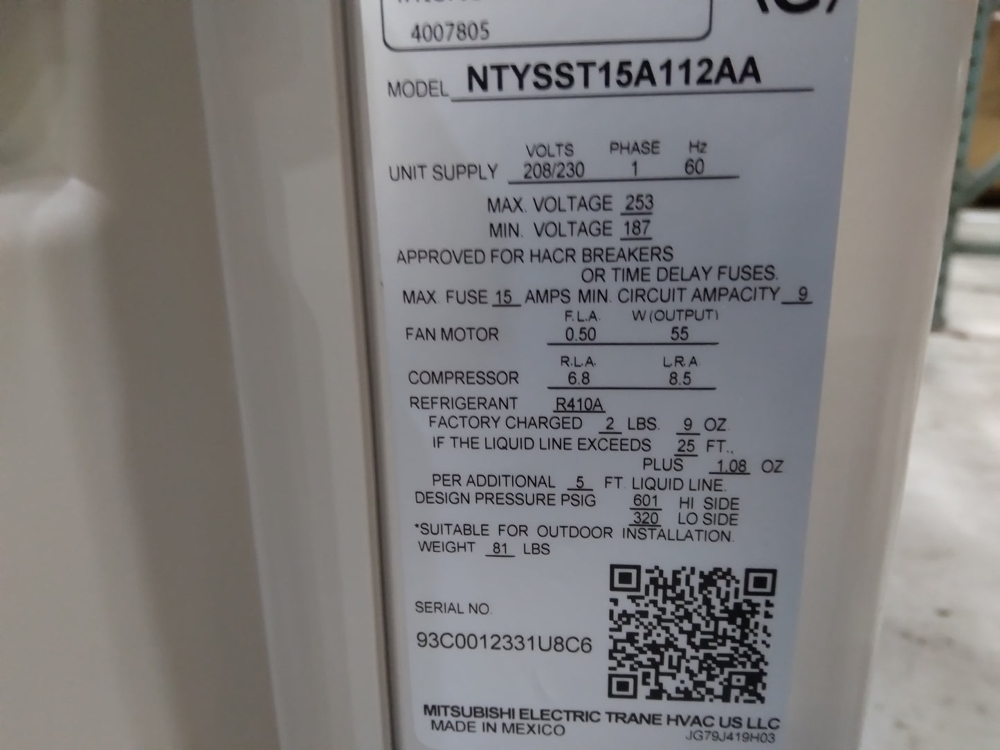 15,000 BTU SINGLE-ZONE OUTDOOR MINI-SPLIT INVERTER AIR CONDITIONER UNIT, 24 SEER 208-230/60/1 R-410A
