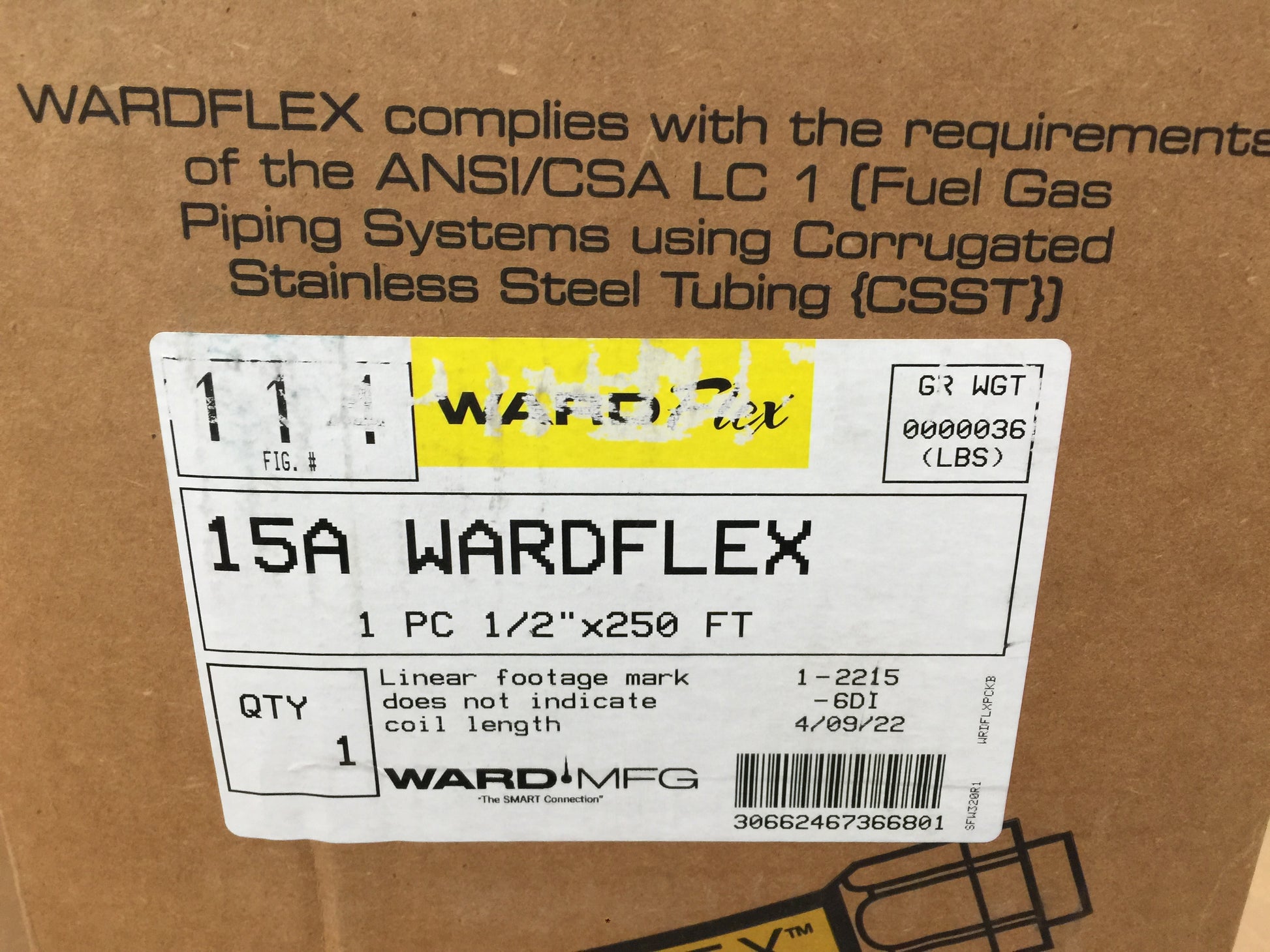 1/2" X 250' "WARDFLEX" FLEXIBLE CORRUGATED STAINLESS STEEL GAS LINE