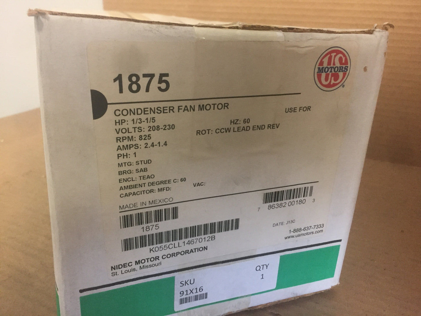 1/3-1/5HP CONDENSER FAN MOTOR 208-230/60/1 RPM:825/1-SPEED