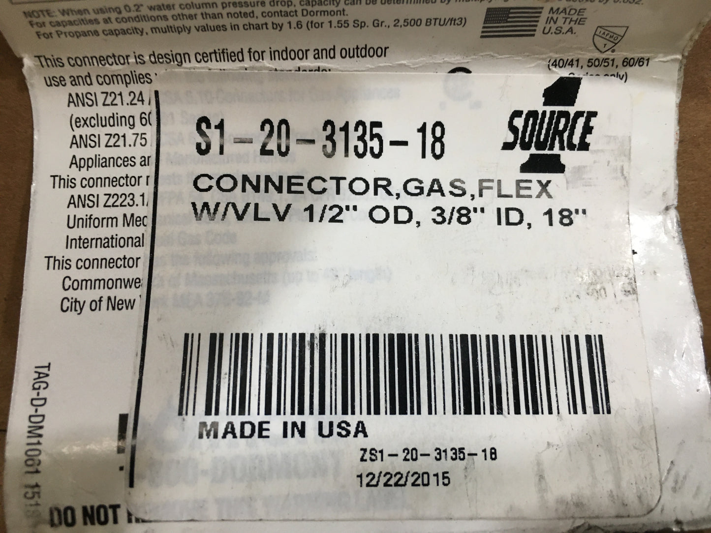 1/2" OD, 3/8" ID STAINLESS STEEL GAS CONNECTOR, 1/2" MIP x 1/2" FIP BALL VALVE, 18" IN LENGTH, CSA APPROVED