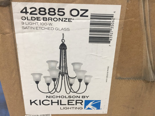 9 LIGHT "NICHOLSON" CHANDELIER WITH SATIN ETCHED GLASS; OLDE BRONZE FINISH, 120V, 100W