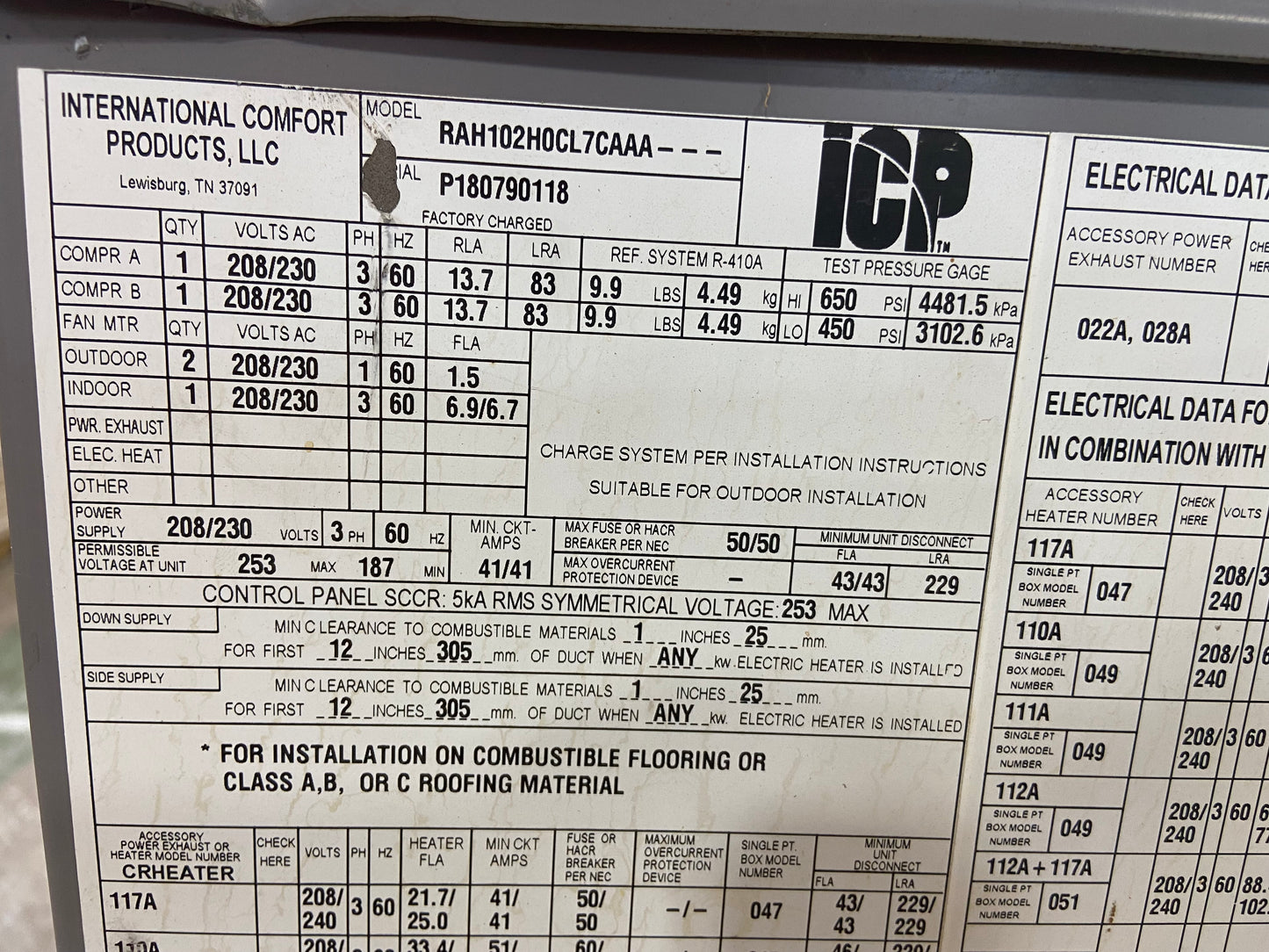 8.5TON CONVERTIBLE 2-STAGE ROOFTOP AC, 208-230/60/3