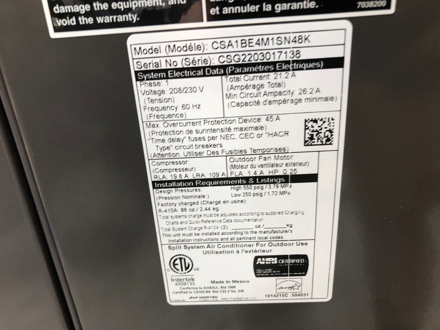 4 TON SPLIT SYSTEM AIR CONDITIONER, 208-230/60/1 R-410A 14 SEER