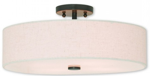 Meridian 4 Light 18 Inch Flush Mount In English Bronze With Hand Crafted Oatmeal Color Fabric Hardback Shade