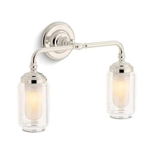 TWO-LIGHT SCONCE, CLEAR GLASS SHADES WITH INNER FROSTED GLASS DIFFUSERS FOR REDUCED GLARE