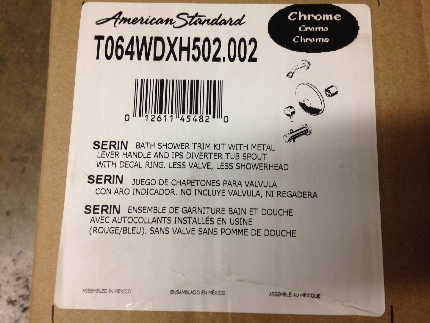 "SERIN" BATH SHOWER TRIM KIT WITH METAL LEVER HANDLE AND IPS DIVERTER TUB SPOUT WITH DECAL RING. LESS VALVE, LESS SHOWERHEAD, CHROME
