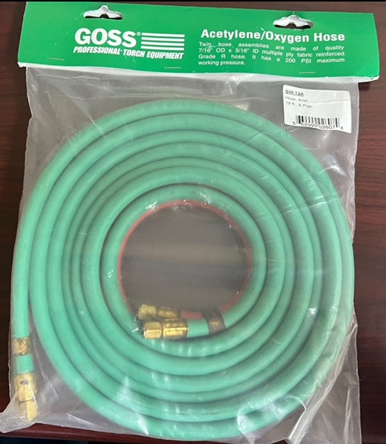 12FT HOSE,  FITTING SIZE 1-2: 3/16,  PRESSURE- 200 PSI,  TORCH TYPE: ACETYLENE,