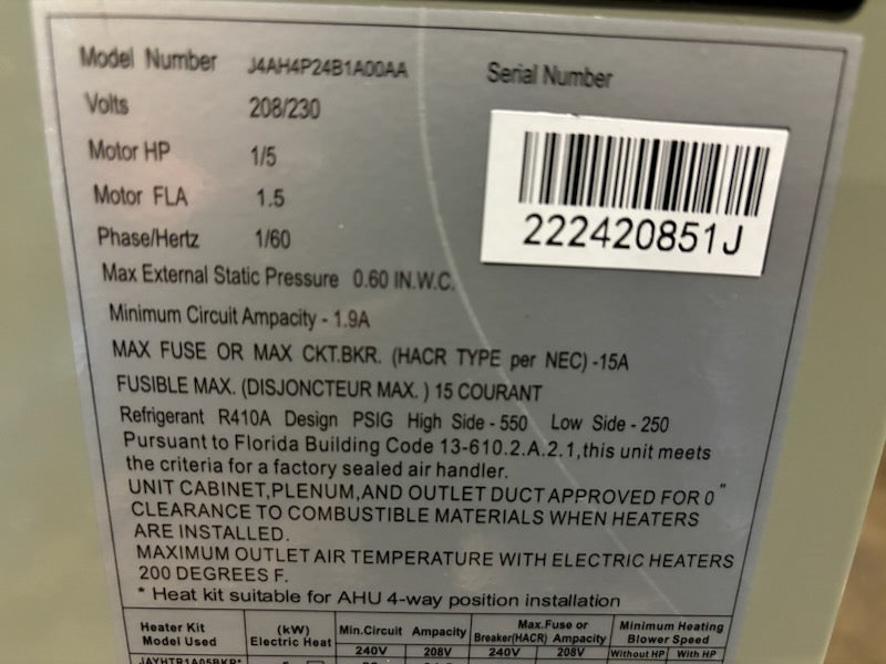 2 TON AC/HP MULTIPOSITION PSC FAN COIL 208-230/60/1 R-410A