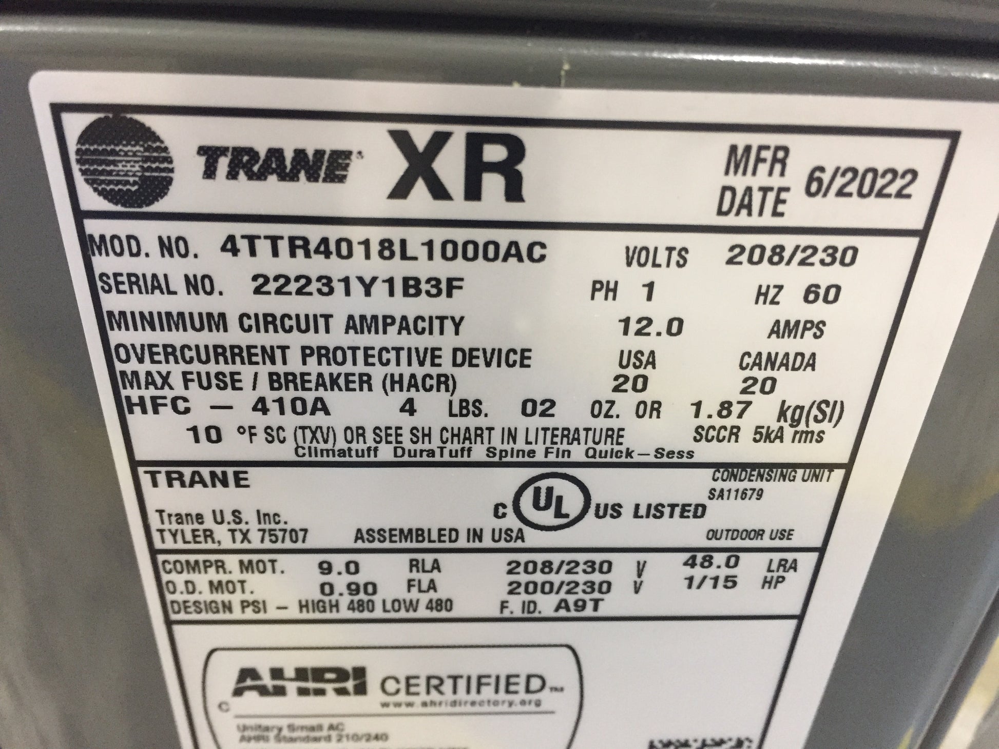 1.5 TON "XR 14" SERIES SPLIT-SYSTEM AIR CONDITIONER 14 SEER 208-230/60/1 R-410A