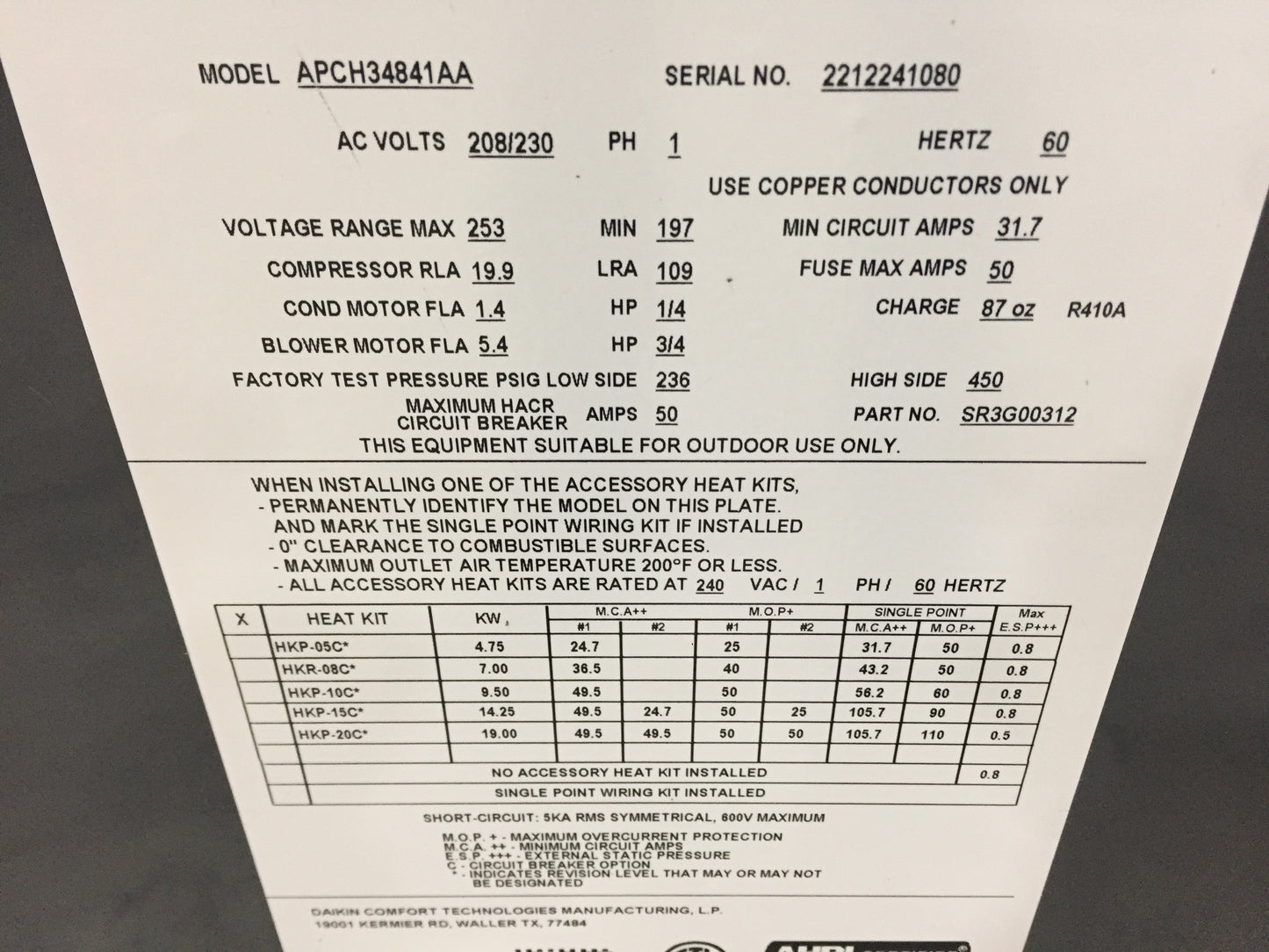 4 TON HORIZONTAL PACKAGED AIR CONDITIONING UNIT, 13.4 SEER, 208-230/60/1, R401A