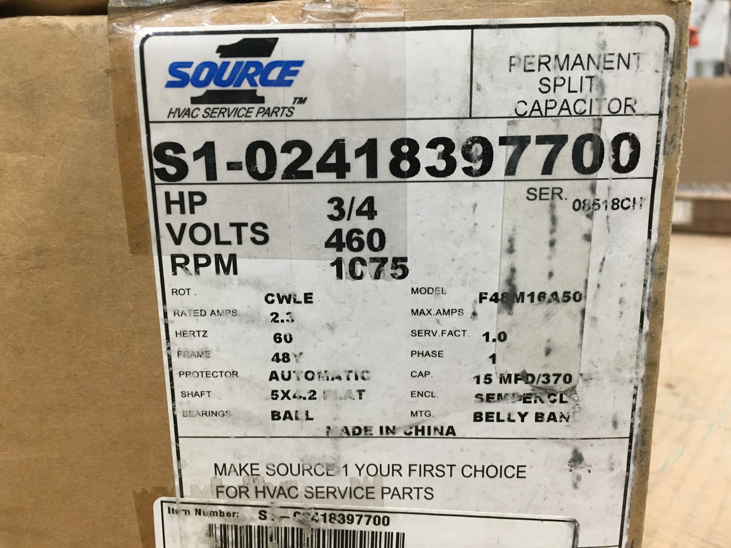 3/4HP CONDENSER FAN MOTOR 460/60/1 RPM:1075/1-SPEED