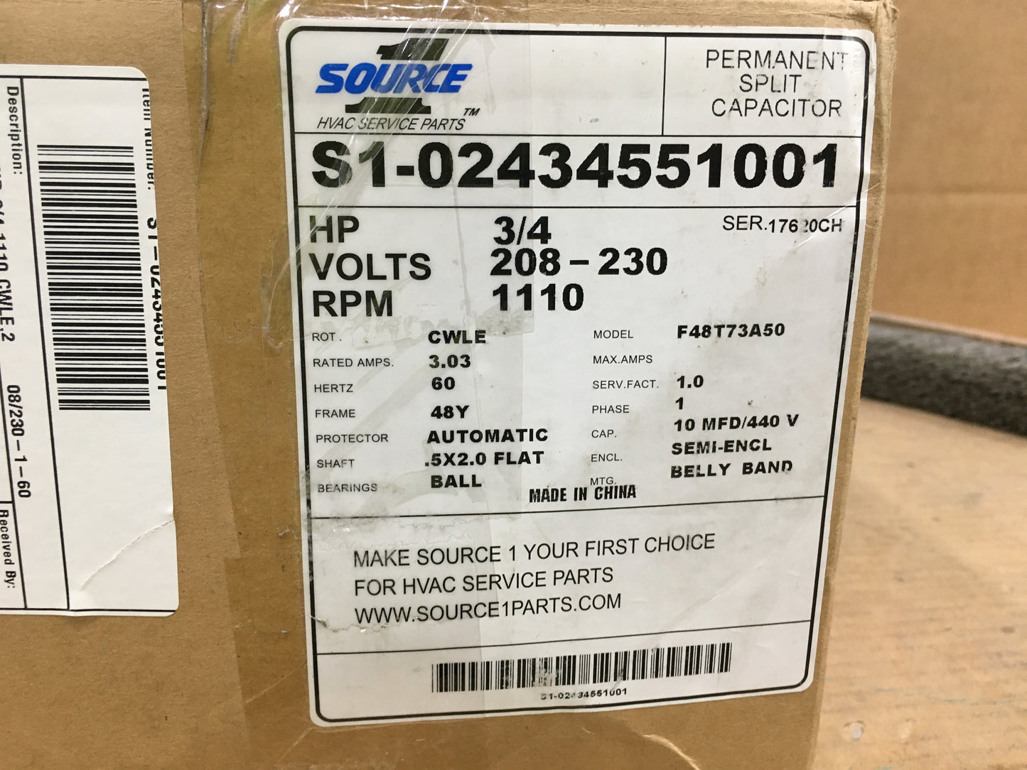 3/4 HP BLOWER MOTOR 208-230/60/1 1110 RPM 1 SPEED