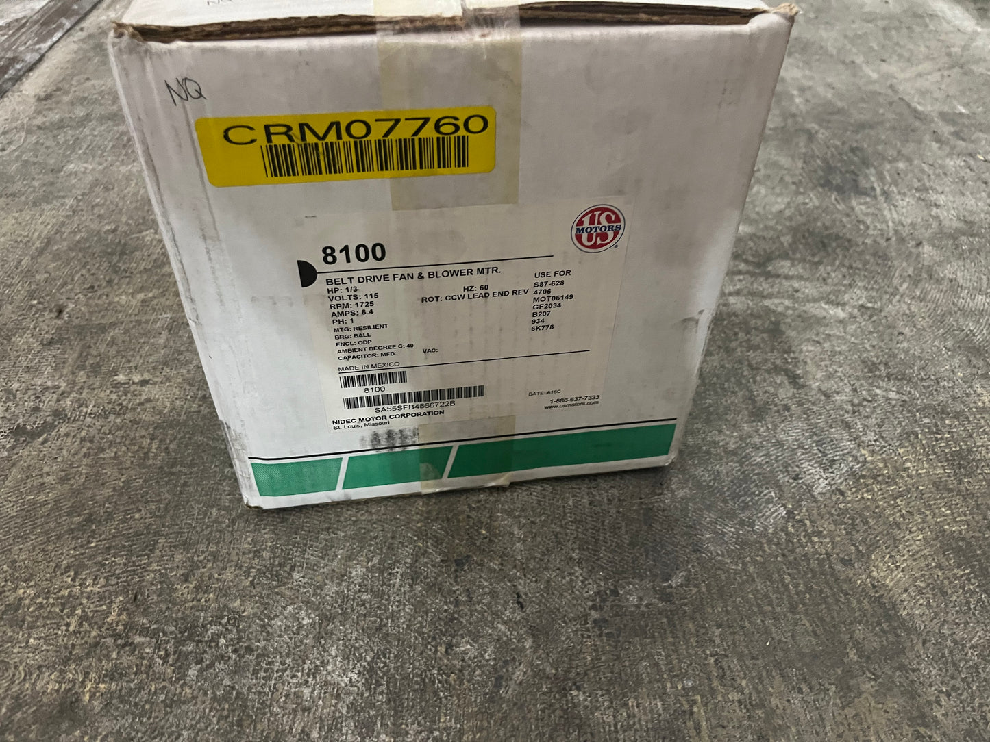 1/3HP BELT DRIVE FAN AND BLOWER MOTOR SPLIT-PHASE 115/60/1 RPM:1725/1-SPEED