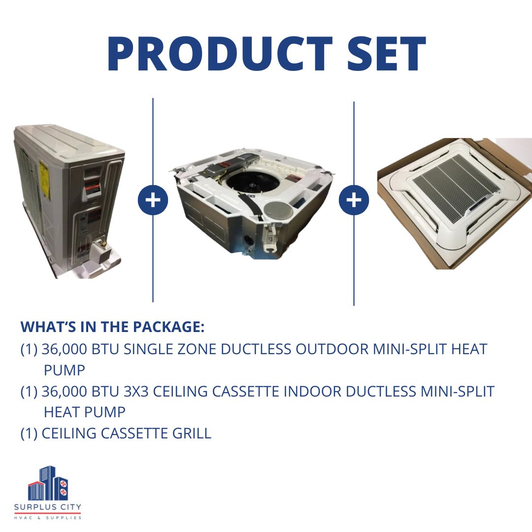 36,000 BTU Mini-Split Heat Pump Set With Cassette Indoor and Grill
