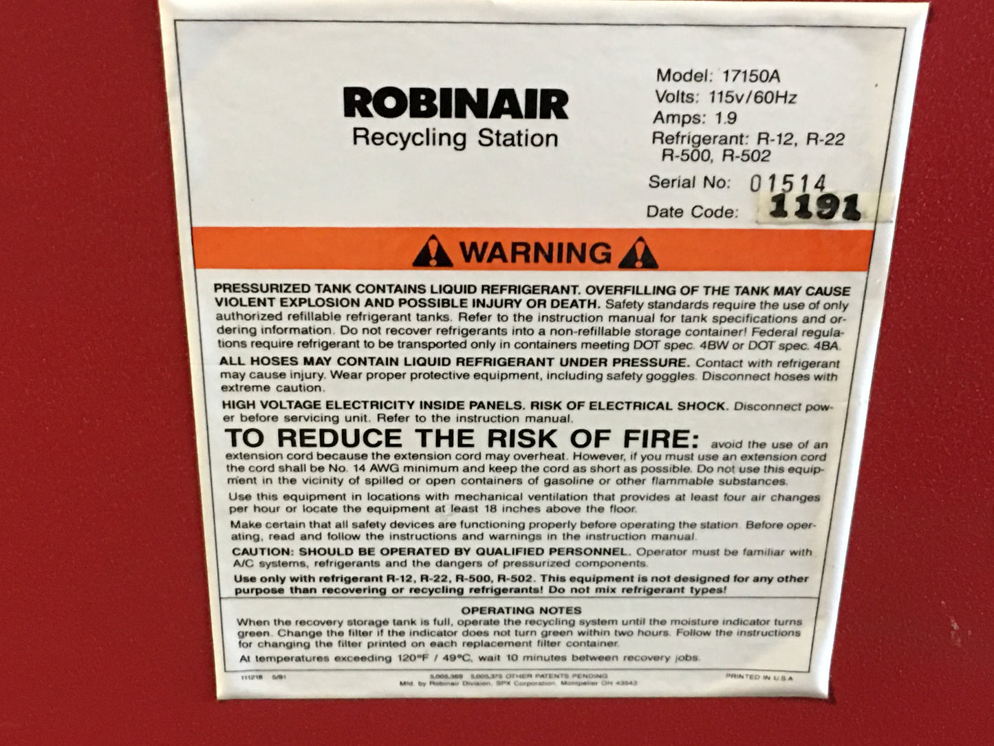 REFRIGERANT RECYCLING SYSTEM 115V/60/1