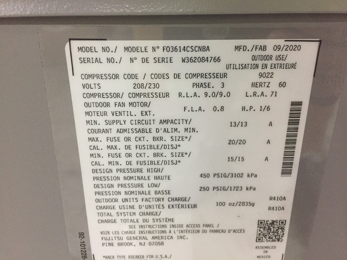 3 Ton Split-System Air Conditioner 208-230/60/3 R410A 14 SEER