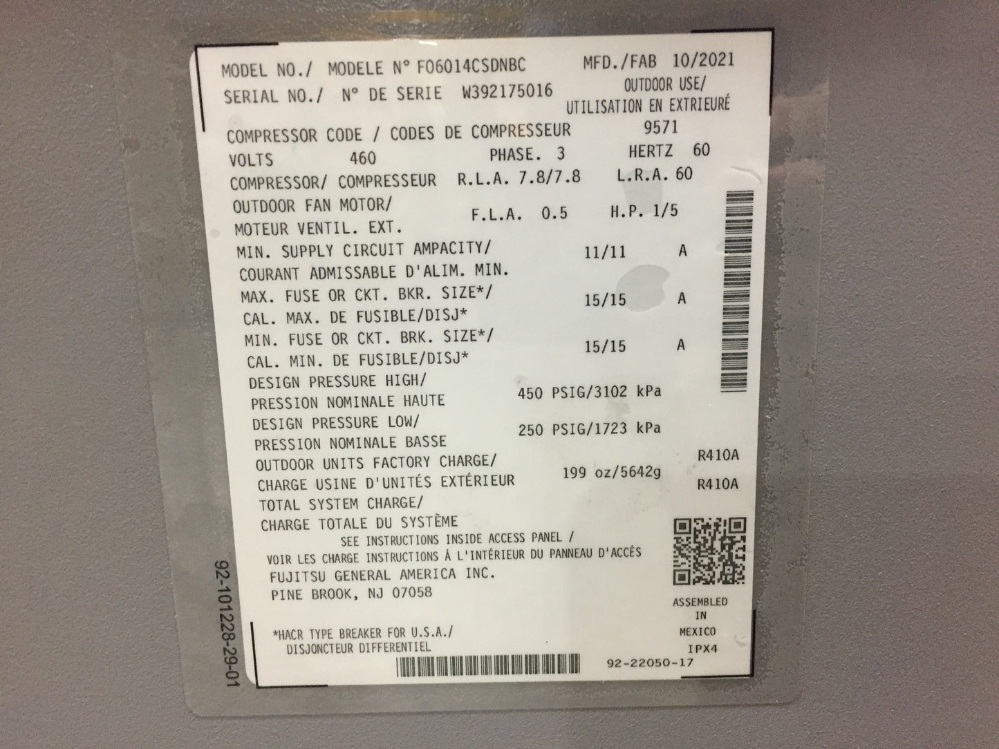 5 Ton Split-System Air Conditioner 460/60/3 R410A 14 SEER