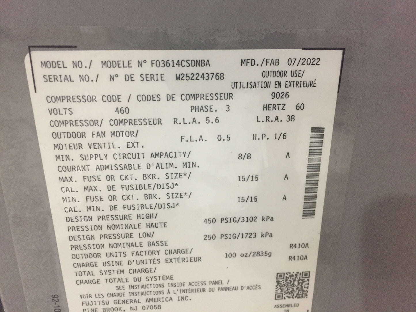 3 Ton Split-System Air Conditioner 460/60/3 R410A 14 SEER