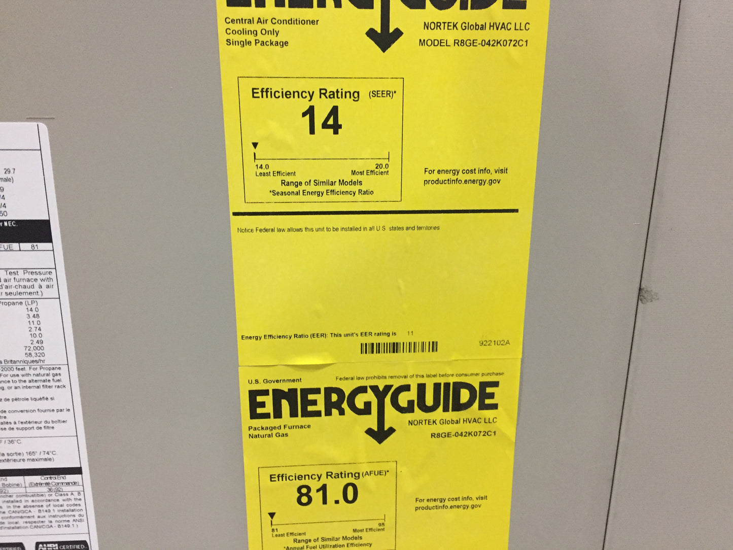 3.5 Ton Convertible Natural Gas/Electric Packaged Unit, 14 SEER, 208-230/60/1, R410A