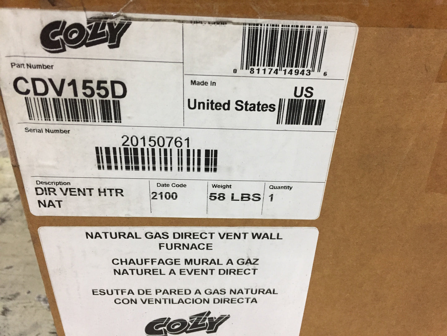 15,000 BTU Direct Vent Gas Wall Furnace, 115 VAC, 81 CFM