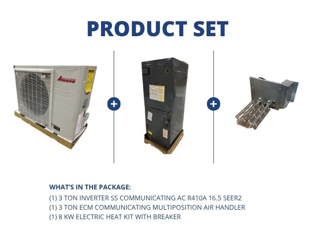 3 Ton Inverter Comm AC R410A 16.5 SEER2, 3 Ton ECM Comm Multi Air Handler and 8 KW Heat with Breaker
