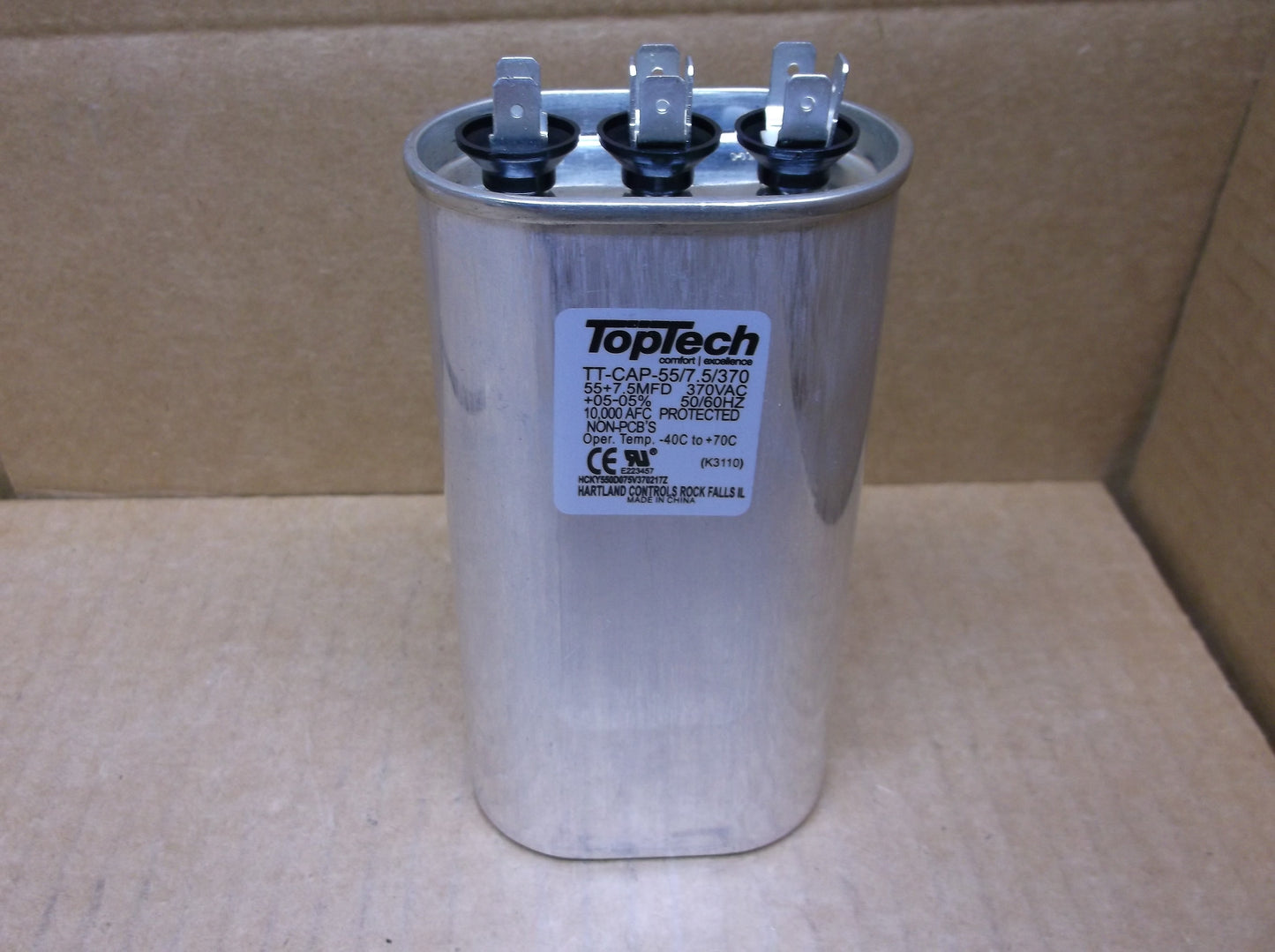 55 +7.5 MFD x 370 VAC Oval Dual Run Capacitor