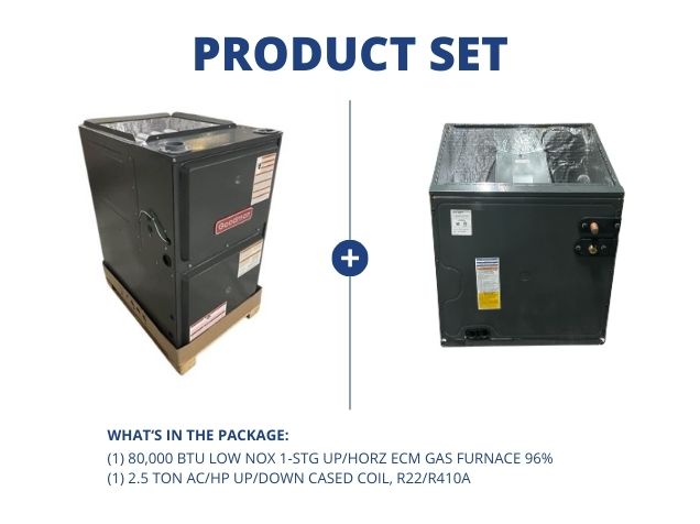 80,000 BTU Low NOx 1-Stg Up/Horz ECM Gas Furnace 96% and 2.5 Ton AC/HP Up/Down Cased Coil, R22/R410A