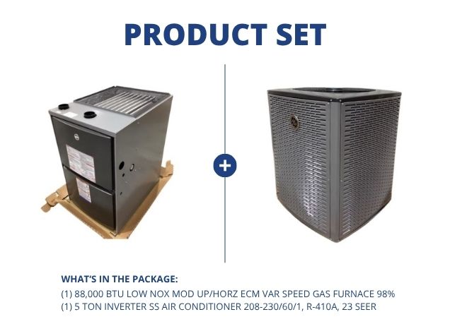 88,000 BTU Low NOx Mod Up/Horz ECM Var Spd Gas Furnace 98% with 5 Ton Inverter SS AC R410A 23 SEER
