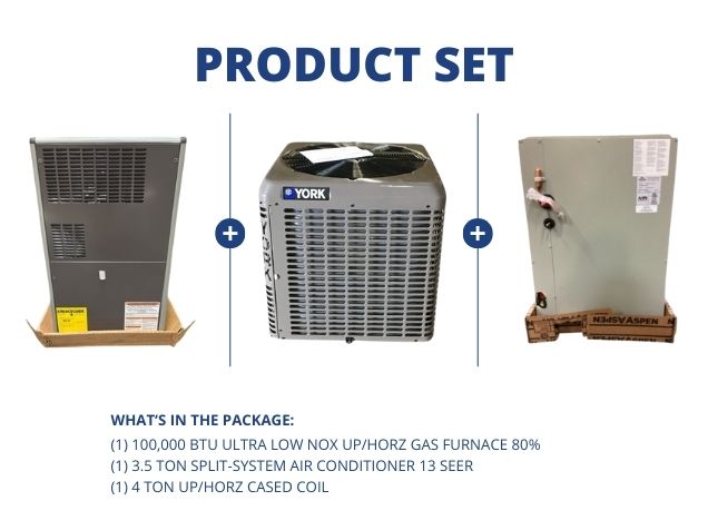 100,000 BTU Ultra Low NOx Up/Horz Gas Furnace 80%, 3.5 Ton SS AC 13 SEER, 4 Ton Up/Horz Cased Coil