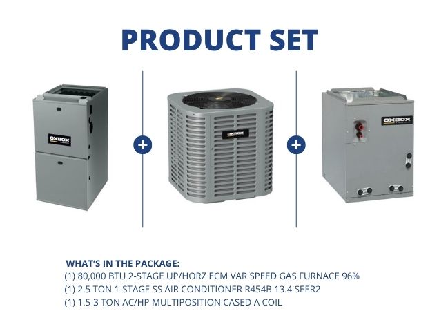 80,000 BTU Up/Horz ECM Gas Furnace 96%, 2.5 Ton SS AC R454B 13.4 SEER2, 1.5-3 Ton Multi Cased A Coil