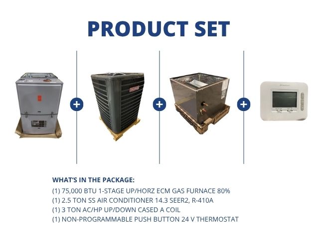 75,000 BTU Up/Horz Gas Furnace 80%, 2.5 Ton SS AC 14.3 SEER2, 3 Ton Up/Down A Coil, 24V Thermostat