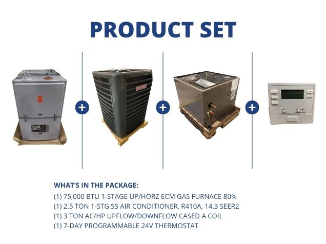 75,000 BTU Up/Horz Gas Furnace 80%, 2.5 Ton SS AC R410A 14.3 SEER2, 3 Ton Up/Down A Coil, Thermostat