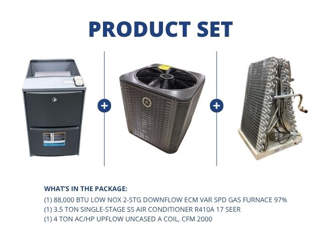 88,000 BTU Low NOx Down Gas Furnace 97%, 3.5 Ton SS AC R410A 17 SEER and 4 Ton Upflow Uncased A Coil