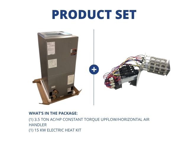 Fan coil de 35 toneladas, CA/HP, par constante ascendente/horizontal con kit de calefacción de 15 Kw, 208-240/60/1 R-410A, CFM: 1600