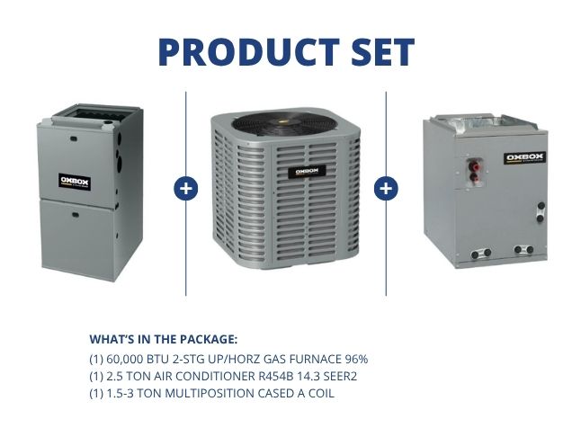 60,000 BTU 2-Stg Up/Horz Gas Furnace 96%, 2.5 Ton AC R454B 14.3 SEER2, 1.5-3 Ton Multi Cased A Coil