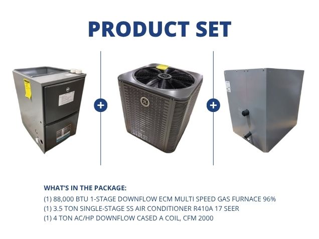 88,000 BTU 1-Stg Downflow ECM Gas Furnace 96%, 3.5 Ton AC R410A 17 SEER with 4 Ton Down Cased A Coil