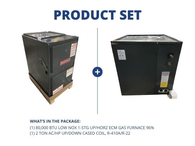 80,000 BTU Low NOx 1-Stg Up/Horz ECM Gas Furnace 96% and 2 Ton AC/HP Up/Down Cased Coil, R-410A/R-22