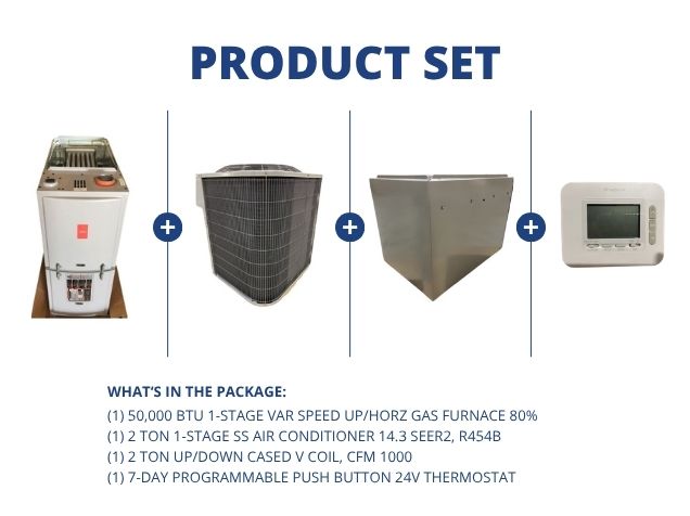 50,000 BTU Up/Horz Gas Furnace 80%, 2 Ton SS AC 14.3 SEER2, 2 Ton Up/Down Cased Coil, 24V Thermostat