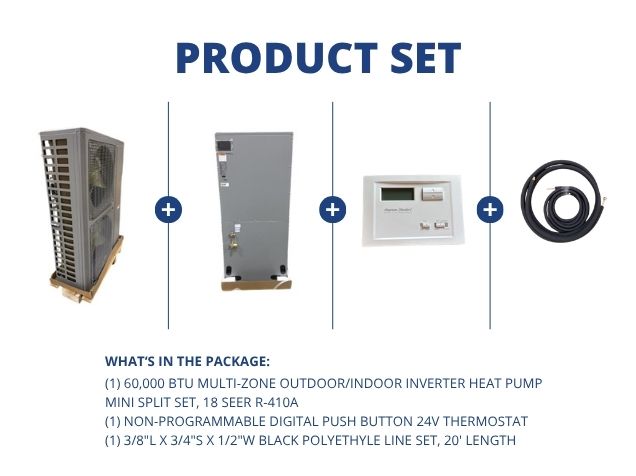 60,000 BTU Multi-Zone Inverter Heat Pump Mini Split Set, 18 SEER R-410A, 24V Thermostat and Line Set